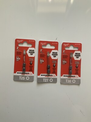 LOT OF 3 MILWAUKEE ELEC TOOL  2'' T25, T27, T30 TORX SHOCKWAVE IMPACT BITS