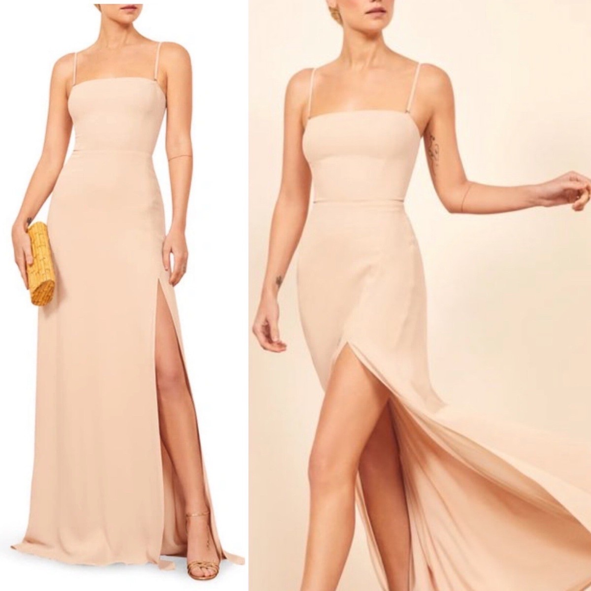 Reformation 4 Strapless Ingrid Champagne Beige Chiffon Side Slit Long Gown Dress Reformation 4 Strapless Ingrid Champagne Beige Chiffon Side Slit Long Gown Dress