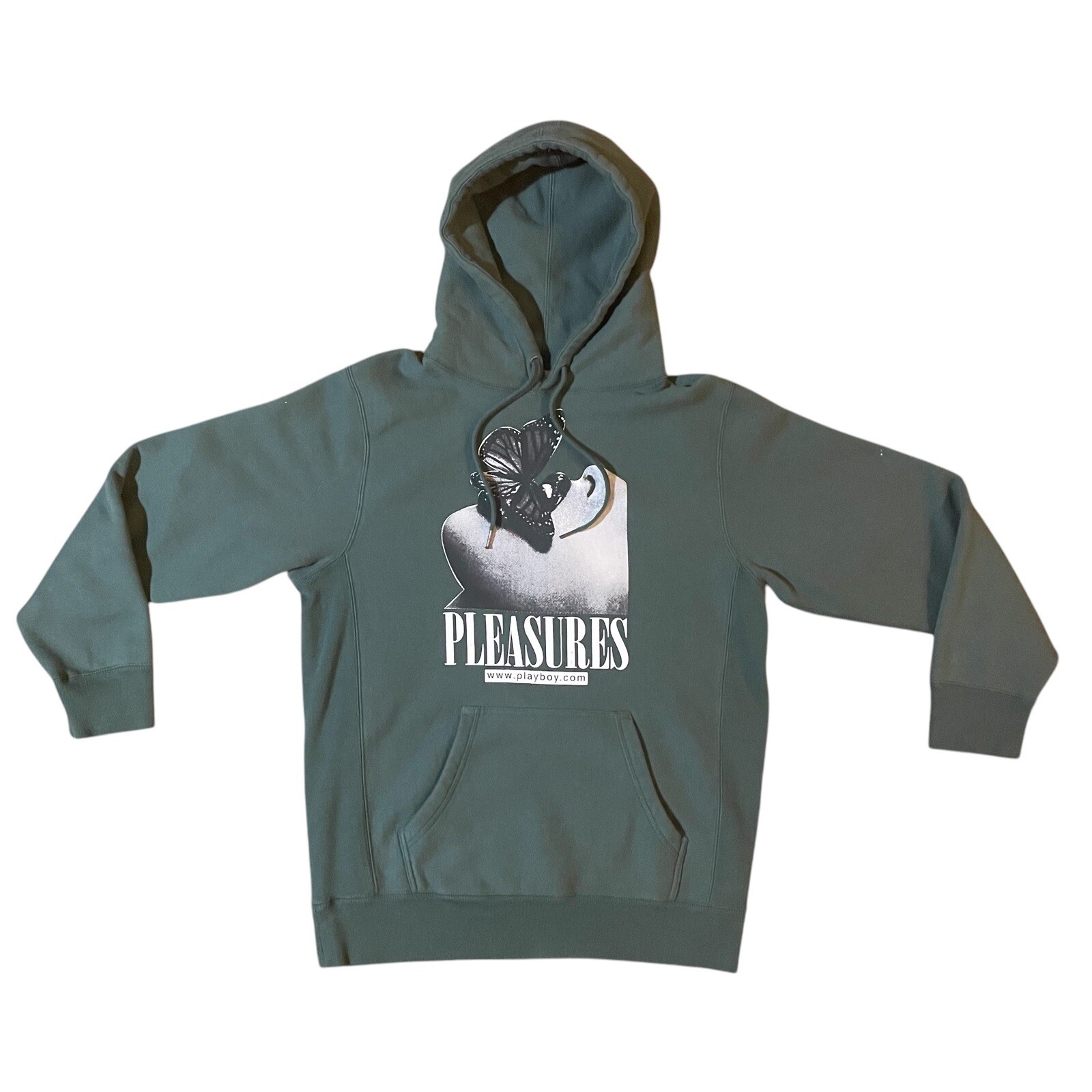 Playboy Pleasures Green Spellout Hoodie Mens Medium Pullover Sweatshirt Lip Design