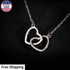 Women Fashion 925 Sterling Silver Interlocked Heart Beauty Lover Necklace Chain