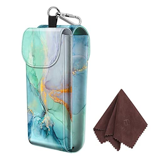 Double Glasses Case with Carabiner Hook, Portable Vegan Leather Emerald Marble