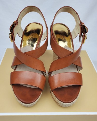 Michael Kors Giovanna Brown Leather Platform Espadrille Wedge Sandals Heels 7.5 - Picture 2 of 15
