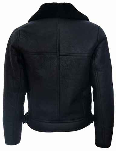 Men’s Aviator Cross Zip Shearling Sheepskin Black Leather Jacket - Picture 2 of 3