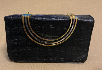 Joy Brandy  Exotic Crocodile Patent Leather Satchel Clutch Goldtone Handles Worn