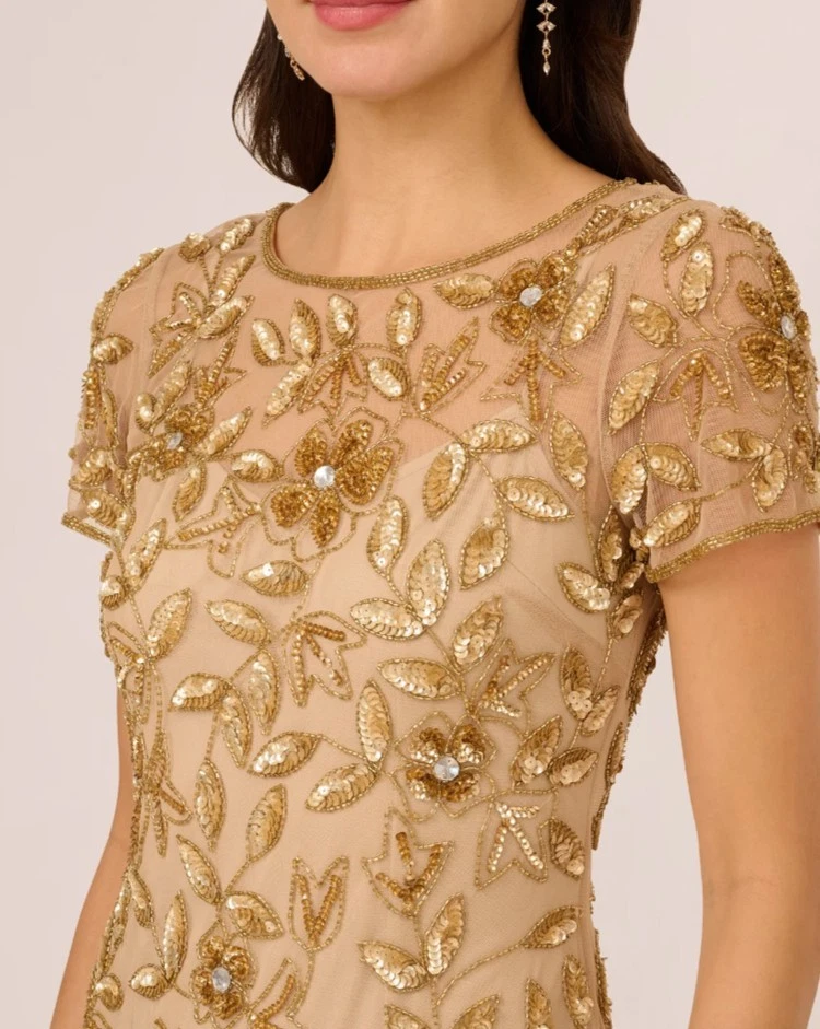 Adrianna Papell 手工串珠短袖花卉礼服香槟金色 10 码 — 第 3/4 张图片