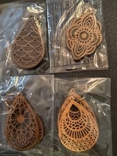 Wooden Teardrop Dangle Filigree Earrings Boho - 4 Pairs - New