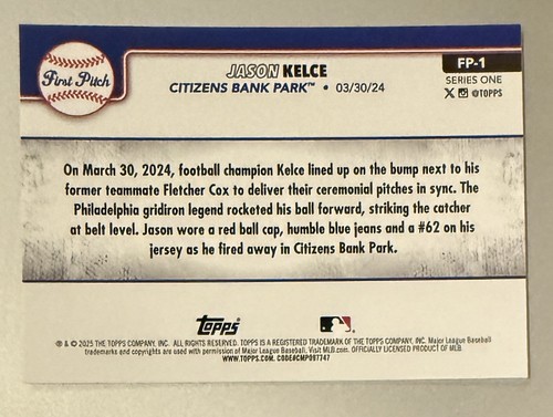 Jason Kelce 2025 Topps Series 1 Phillies First Pitch #FP-1 Insert Philadelphia - Picture 2 of 2