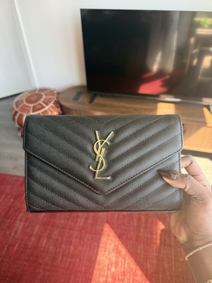Saint Laurent YSL Small Black Quilted Chevron Chain Crossbody Bag Gold HW