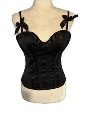 Padded Solid Black Satin Bow Corset Sexy Tank Top Lingerie Bustier 34B Small