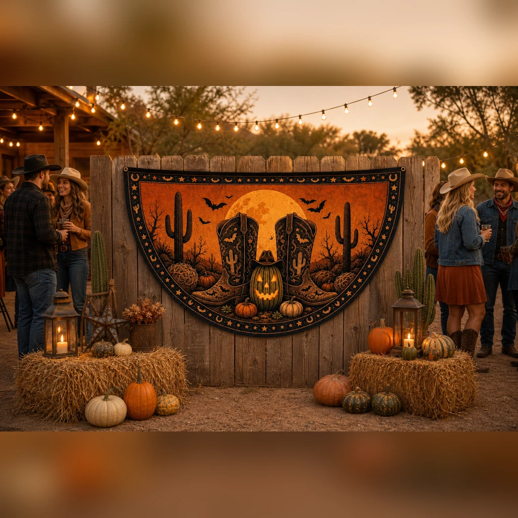 Semi Circle Flag Cowboy Boot Halloween Porch Banner Western Fall Decor