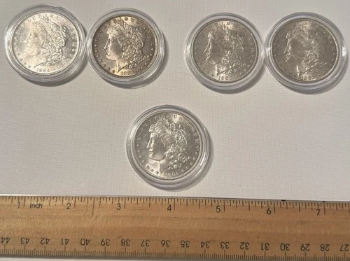 US Coin Lot Of 5, Morgan Silver Dollars, (2) 1884, (2) 1902, (1) 1904, VG Cond