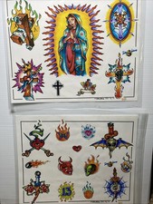 Official Tattoo Johnny Brand Flash Art Sheets Lot Of 2 Alien Cross Lucky 13