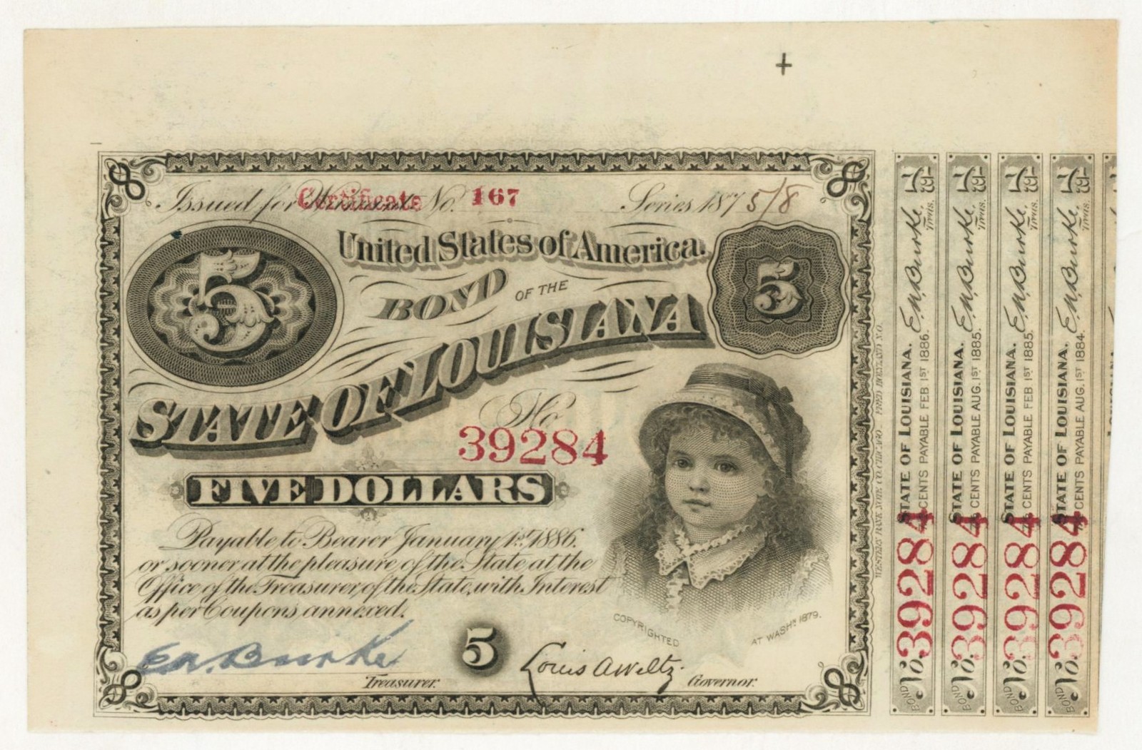 1875 State of Louisiana Baby Bond $5 Coupon Bond Engraved Girl Portrait Coupons