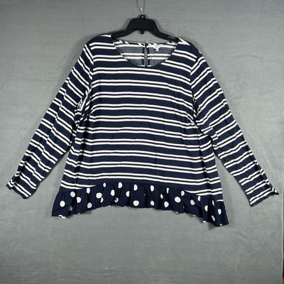 Crown & Ivy Woman 2X Navy Blue White Stripe Polka Dot Ruffle Hem Top Blouse