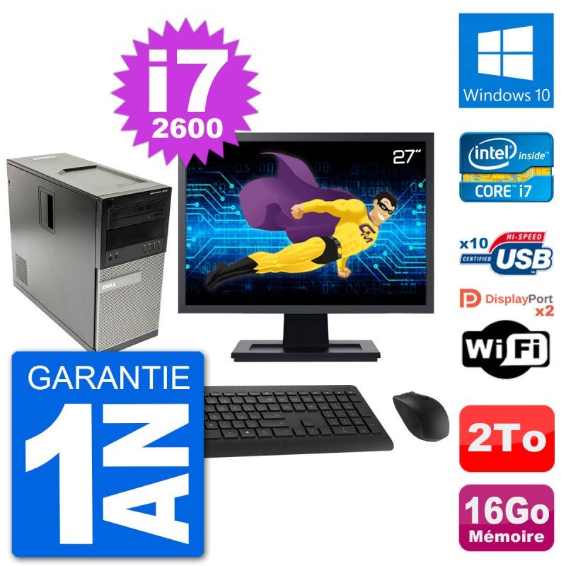 PC Tour Dell 7010 Ecran 27" Intel i7-2600 RAM 16Go Disque 2To Windows 10 Wifi