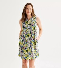 Sonoma Floral Sleeveless Pintuck Shift Dress Womens 1X Pockets Linen Blend