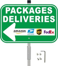 Package Deliveries Sign with Arrow Left, Green Aluminum, 12X8 Inch, with 28 Inch