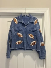 Women’s Red Size XL Sequin football Game Day corduroy Fringe Jacket Coat Swifty