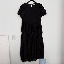 Boho Black Midi Puff Short Sleeve A-Line Dress Pleated Size S