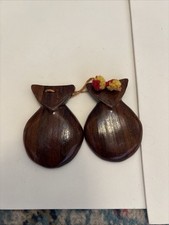 Hand Carved Wooden Castanets Vintage Pair, Folk Music Instrument