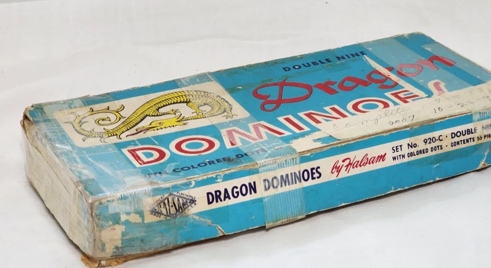 Vintage DRAGON DOMINOES by HALSAM Double Nine Set No. 920-R Colored Dots 55 Pcs - Image 4 of 4