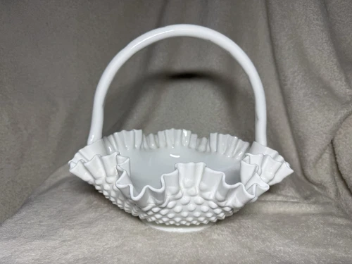 Vintage Fenton Hobnail Milk Glass White Handle Basket Ruffle Edge Art Glass 10"