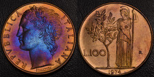 1974 Italy 100 Lire GOLD, BLUE, & PURPLE TONING (L55-15)