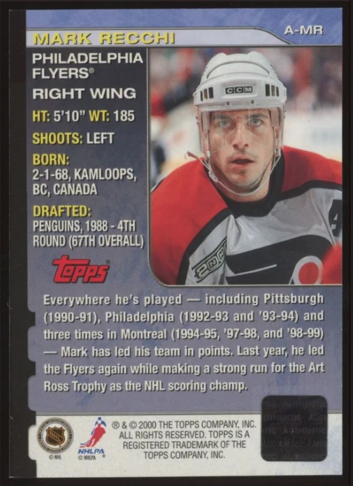 Tarjeta autógrafa de hockey Mark Recchi Auto #A-MR 2000-01 Topps Philadelphia Flyers Foto 2 de 3