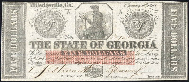 US Paper Money Georgia 1862 $5 State Note Milledgeville Civil War NO RESERVE!