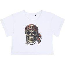 'Pirate Skull With Bandana' Women's Cotton Crop Tops (CO049692)
