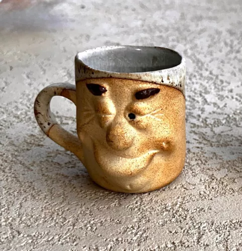 Vintage Face Mug Art Pottery 3D Coffee Cup Smiling Winking Handmade Stoneware