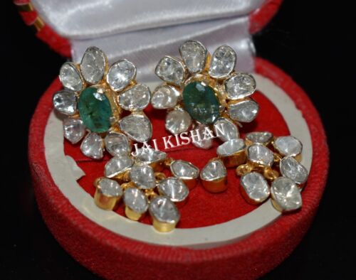 Smaragd Edelstein Uncut Polki Diamant 925 Sterlingsilber Lang Ohrring Schmuck - Bild 7 von 7
