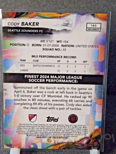 2024 MLS Topps Finest Cody Baker Black 2 /10 SSP Uncommon Sounders #145 RC - Picture 4 of 4