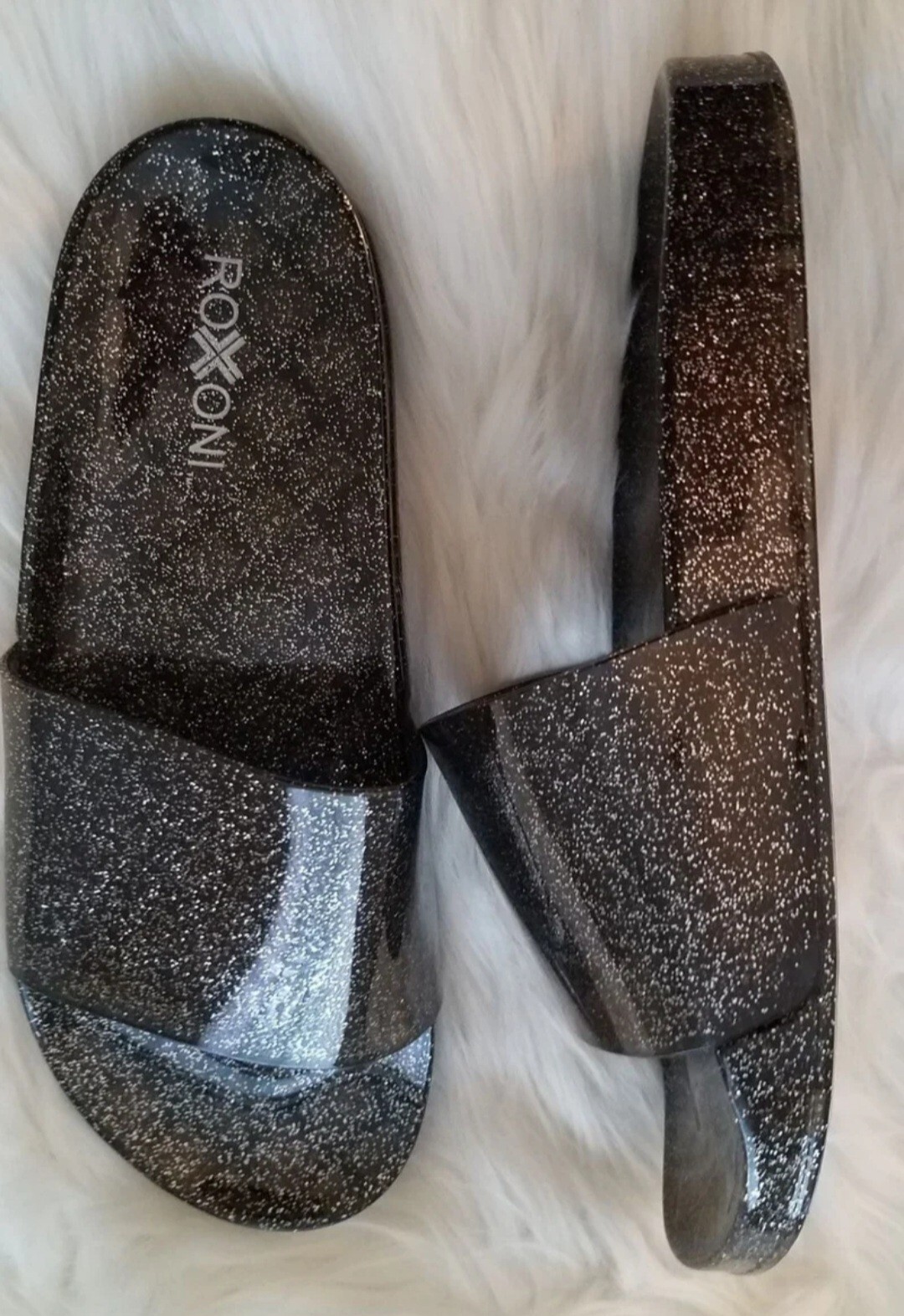 Roxoni BLACK Silver Shimmer Sparkle Glitter Jelly Slides Sandals Rave Festival 8