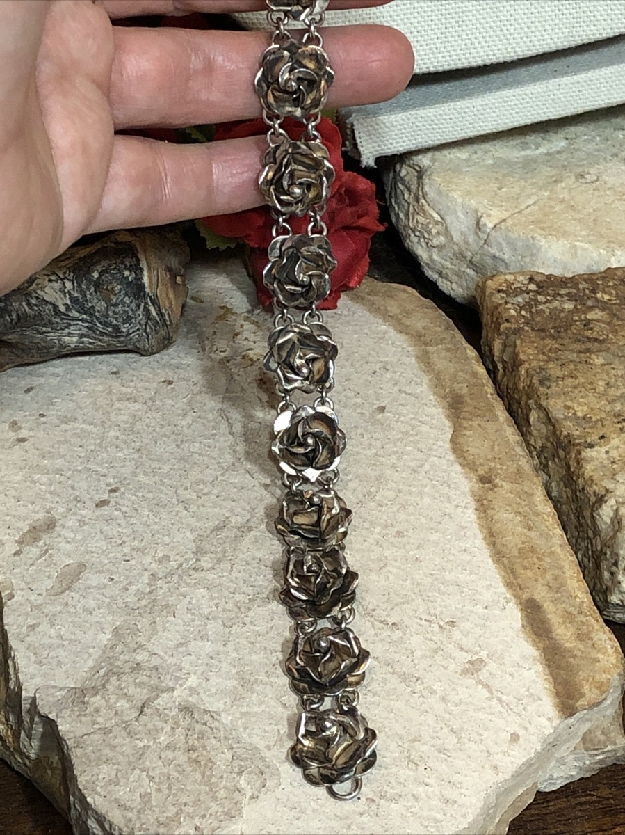 9. Vintage Taxco 925 Sterling Silver Rose Head Link Bracelet 7 5/8