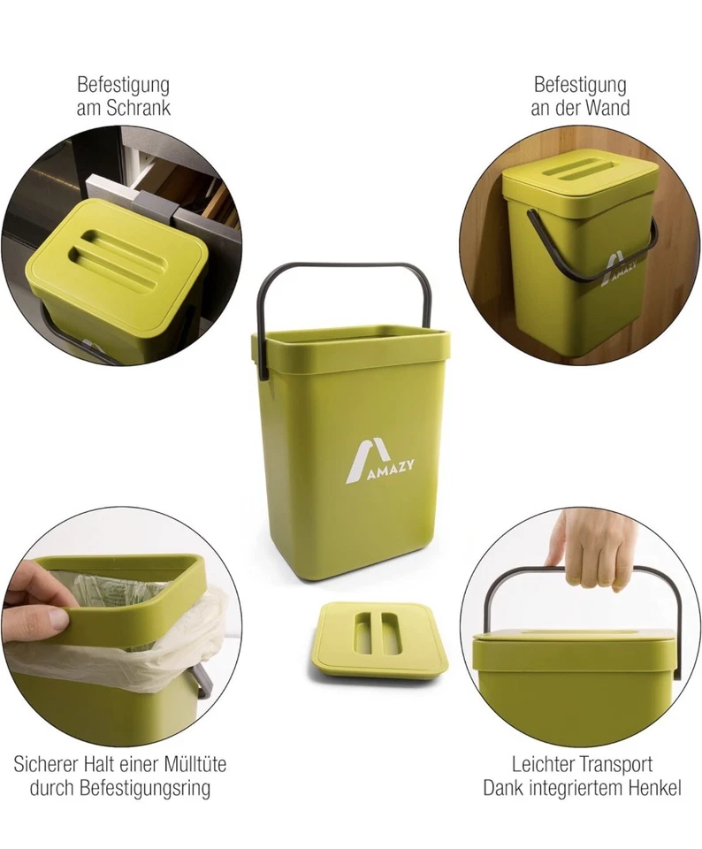 Amazy Komposteimer mit Deckel, Grün, 5 Liter, Kunststoff, 16,9 x 12,4 x 24,5 cm - Bild 4 von 4