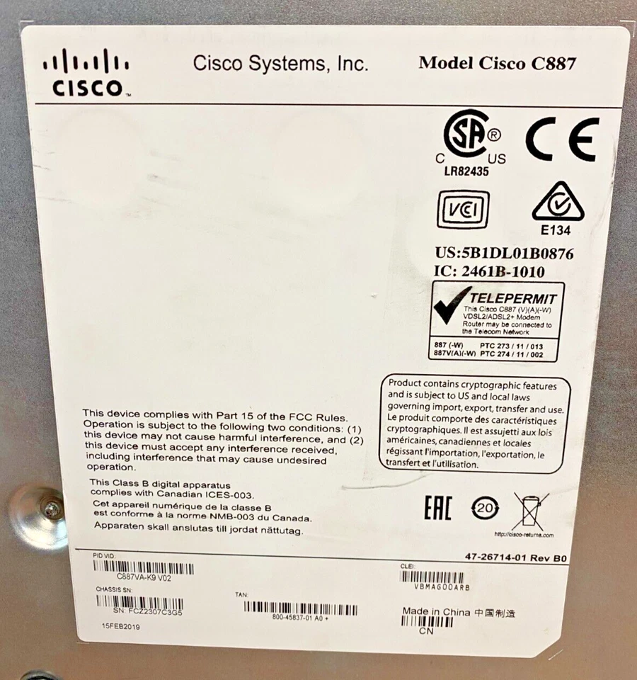Cisco C887VA - K9 V02 800 Series - Integrated Services Router (OFFERS WELCOME) - Image 2 of 4