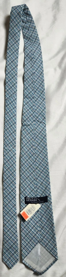 Polo Vintage por Ralph Lauren Corbata 100% Algodón Azul Cuadros Big Pony Hecho en EE. UU. Foto 2 de 4