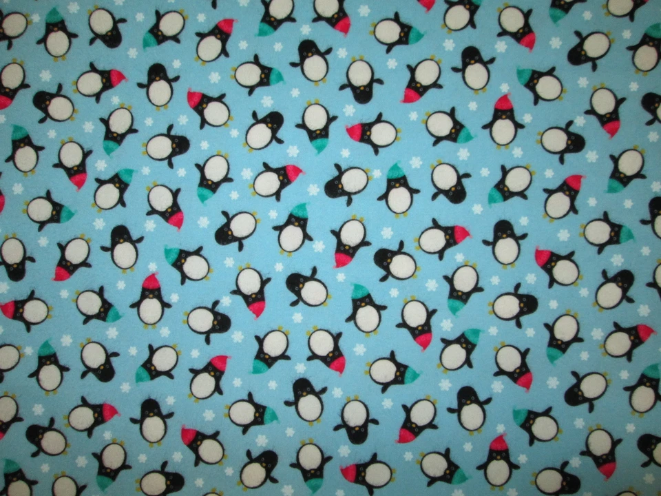 PINGÜINO PINGÜINOS CON SOMBREROS COPO DE NIEVE AZUL ALGODÓN FRANELA TELA FQ Foto 3 de 4