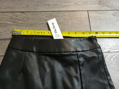 The Drop Women's Aiden Vegan Leather Mini Skirt - A-Line Snug Fit Skirt With Front Slit