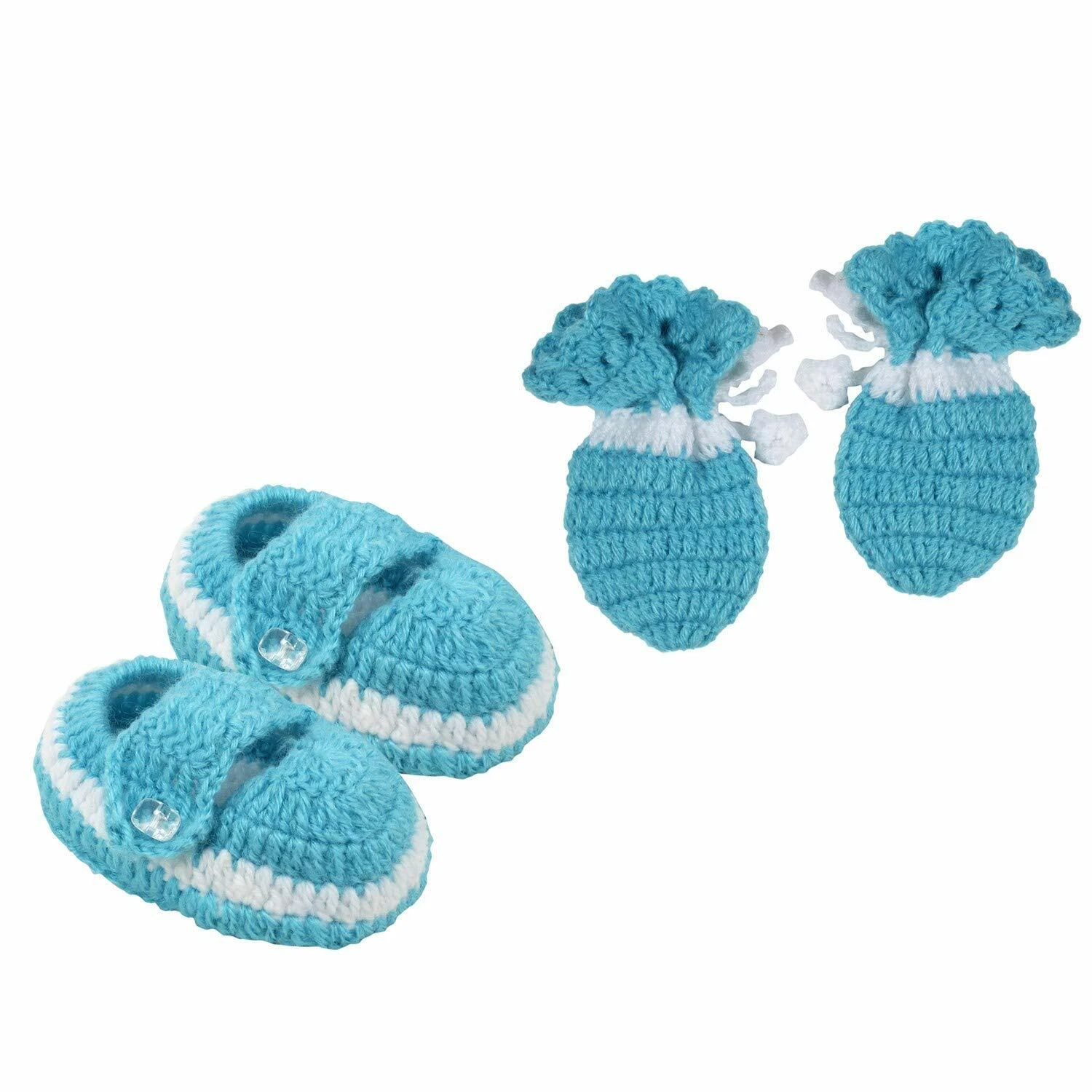 Handmade Unisex Baby's Bootie Mitten Set Blue Comfortable Wear Woolen 0-3 Months