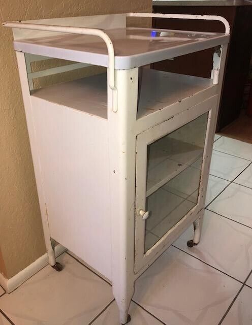 (SALE) RARE ANTIQUE METAL MEDICAL APOTHECARY CABINET, GLASS DOOR