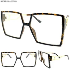Oversized Exaggerated Retro Clear Lens EYE GLASSES Square Tortoise & Gold Frame