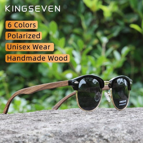 Kingseven Polarisierte Holz Sonnenbrille UV400 Retro Halbrand Brille Herren - Bild 3 von 30
