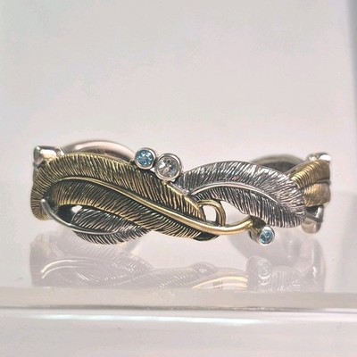 Dream Sterling Silver 925 & Bronze Blue Genstone Feather Hinged Cuff Bracelet