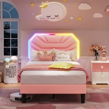 Pink Twin Size Bed Frame Flower LED Toddler Kid Girl Bedroom Cama Para Niña