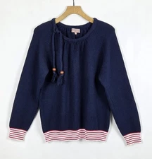 A.P.C. MADRAS NAVY BLUE NAUTICAL STRIPE TIE DETAIL TEXTURED JUMPER TOP L 14/16