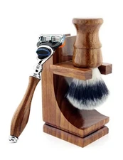 3PC Wooden Shaving Set Synthetic Hair Brush, 5 Edge Safety Razor & Stand Holder