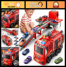 Fire Truck Toy Set for Toddlers 3-8, Carrier Race Track with Lights  Sounds, Gi