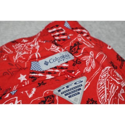 Columbia Swim Shorts Men Large Red Fishing Flag All Over Print PFG USA America